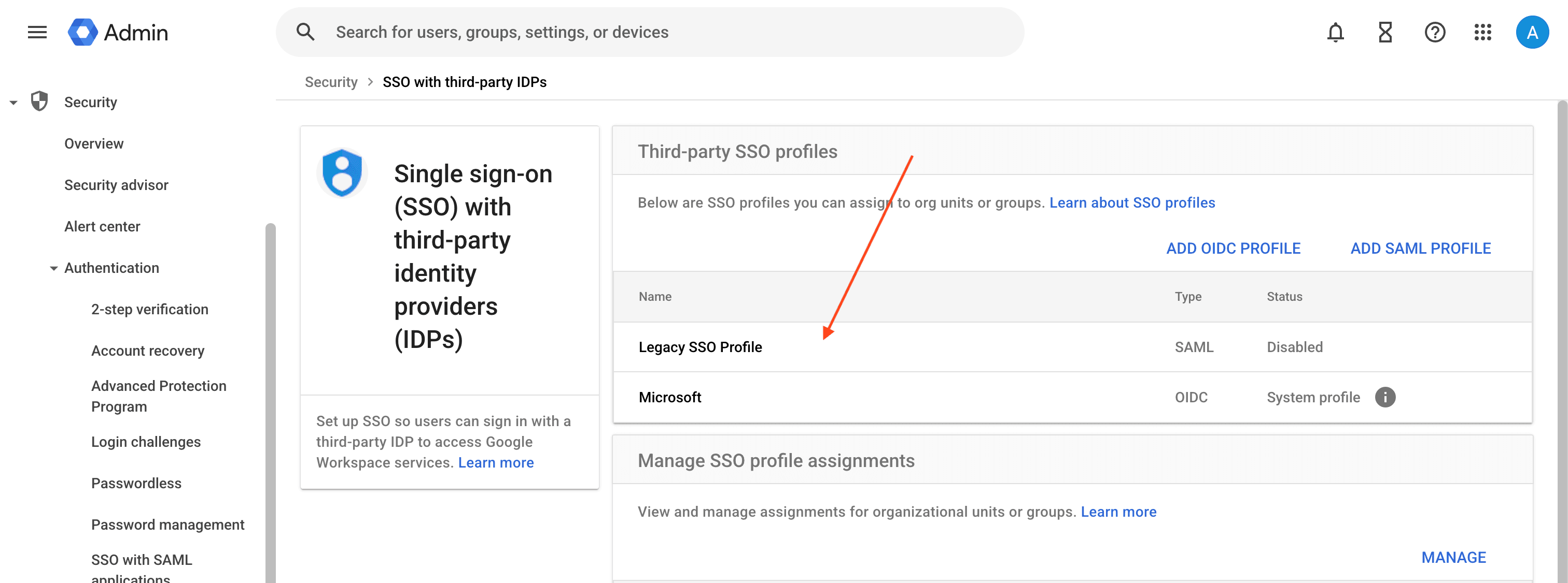 Third-party SSO profiles list with the Legacy SSO Profile (SAML)