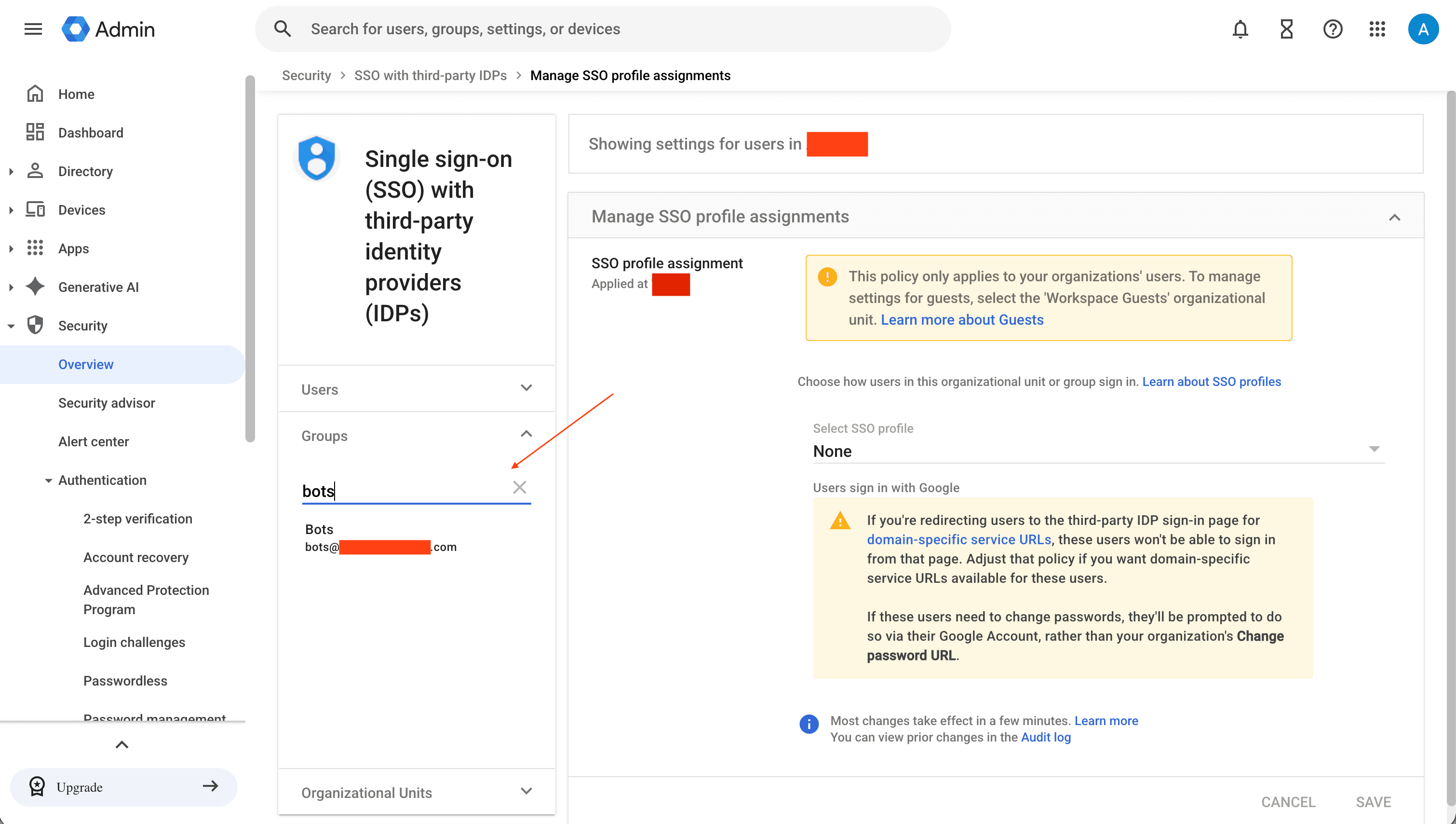 Manage SSO profile assignments: selecting the bots group as the scope