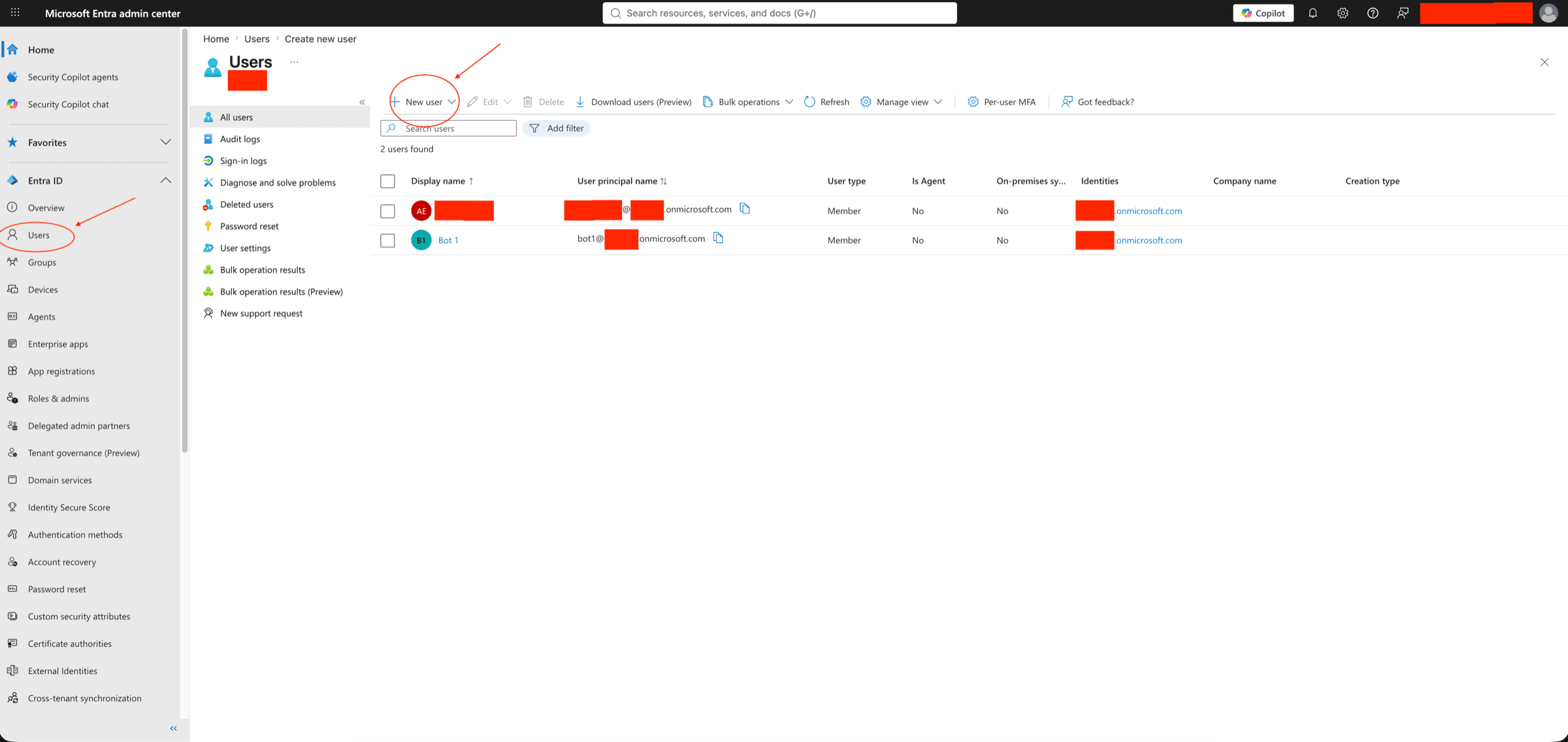 Microsoft Entra admin center → Users → the New user button in the command bar