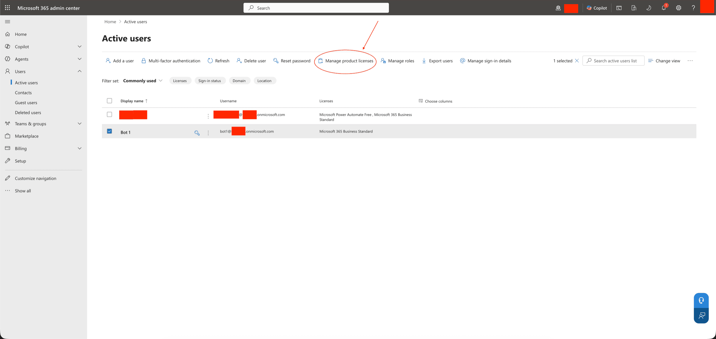 Microsoft 365 admin center: bot selected, Manage product licenses in the command bar