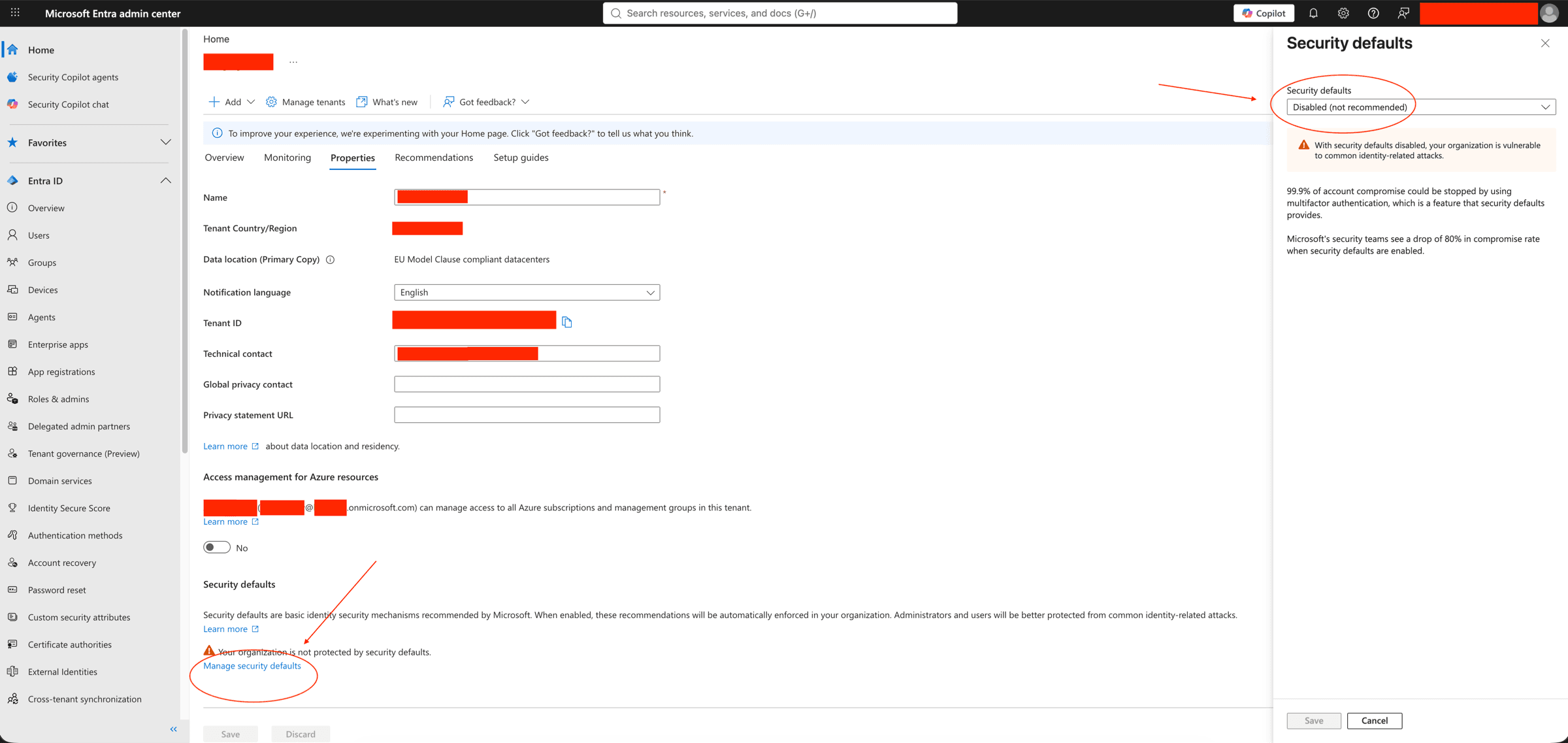 Microsoft Entra admin center: Entra ID → Overview → Properties → Manage security defaults set to Disabled