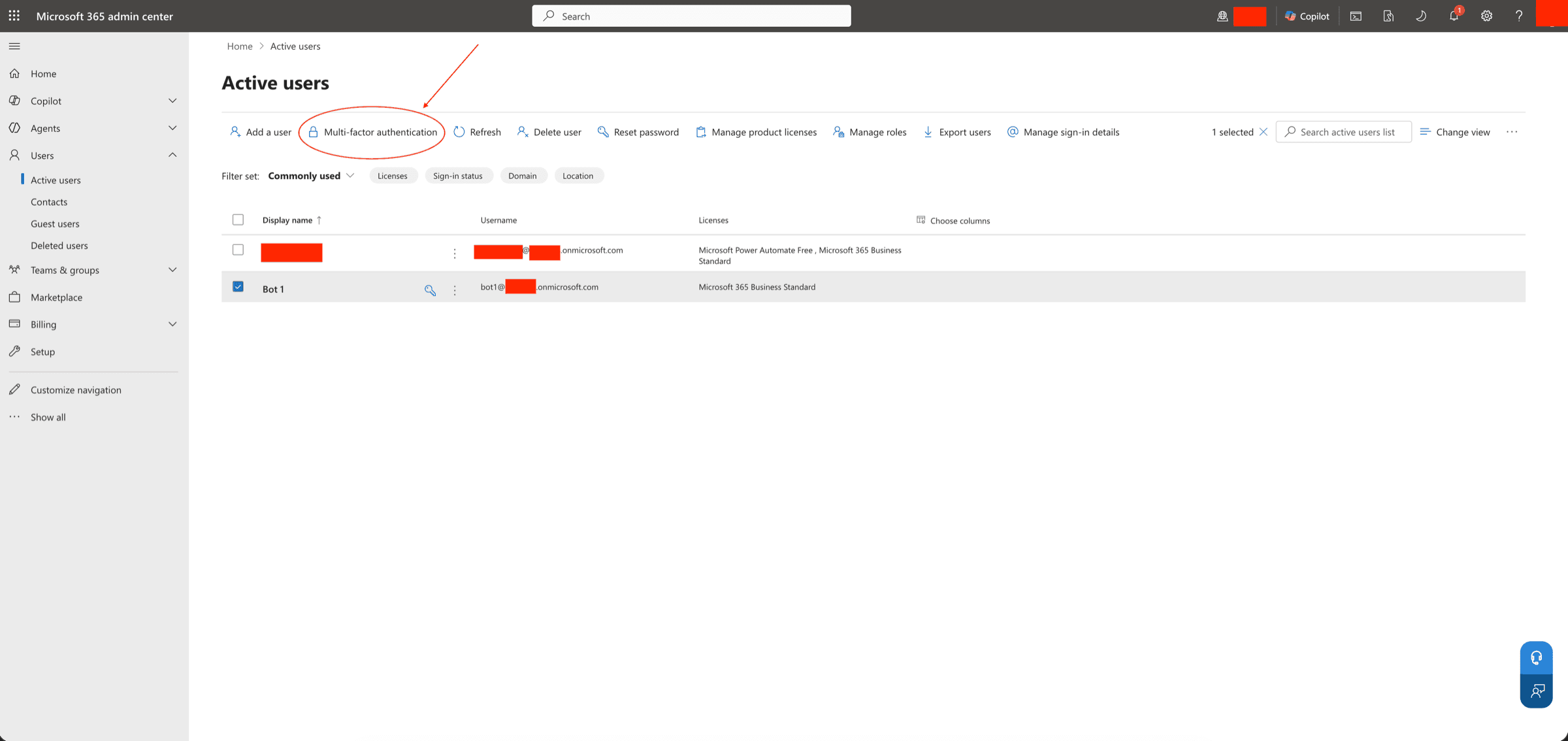 Microsoft 365 admin center → Active users → the Multi-factor authentication button (set the bot's per-user MFA to Disabled)